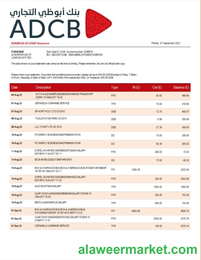 ADCB Bank company statement Word and PDF template